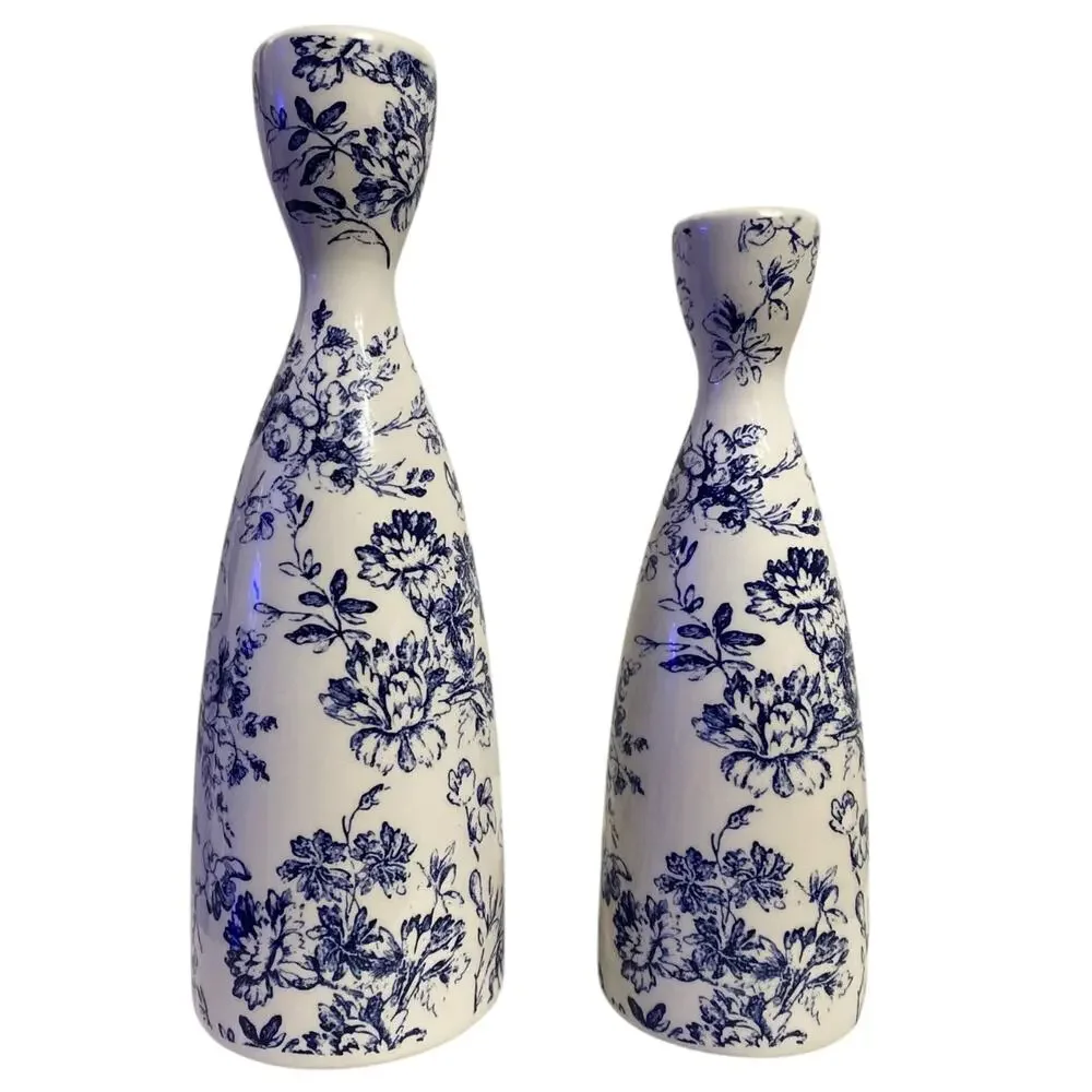 Blue & White Chinoiserie Ceramic Candle Holder Set of 2 - Picture 2 of 3